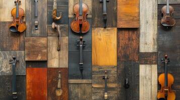 Various musical instruments hanging on a wooden block wall photo