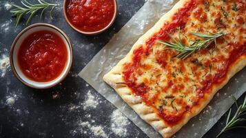 A pizza with tomato sauce and herbs on a table photo