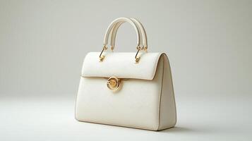 A white handbag with a gold handle photo