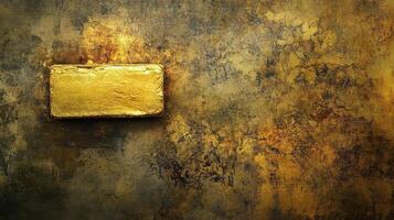 A gleaming gold bar rests against a textured grunge background photo