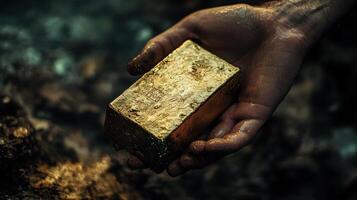 A pair of hands holds a freshly unearthed gold bar photo