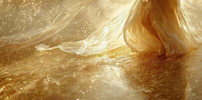 Dancer in translucent golden fabric with glittering light photo