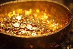 Gold coins fill a golden bowl with bright light photo