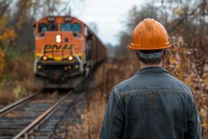 A man in an orange hard hat looking at a train photo
