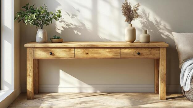 A wooden console table in a room with a window photo