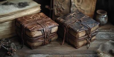 Aged leather bound books sit on a rustic wooden surface photo