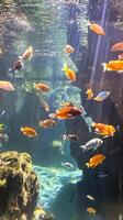 A large group of colorful fish swimming in an aquarium photo