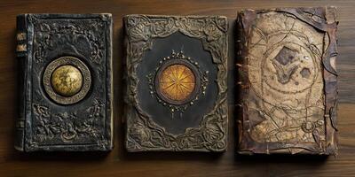 Three ornate fantasy books lie on a dark wooden surface photo
