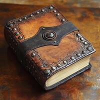 An ornate leather bound book sits on a wooden surface photo