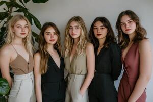 Five young women in black and brown jumpsuits photo