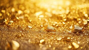 Nuggets of gold lie on a golden shimmering surface photo
