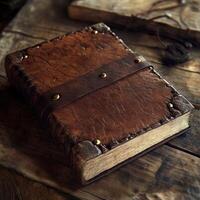 Antique leather bound book with metal accents on rustic table photo