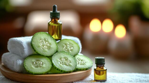 Cucumber slices and essential oil on a towel photo