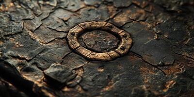 Cracked black surface with a gold accented ring centerpiece photo