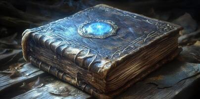 An ancient magical book rests upon a weathered stone surface photo