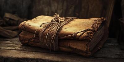 Ancient leather bound book tied with rough string closeup photo