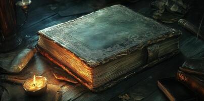 Ancient book illuminated by candlelight on a wooden surface photo