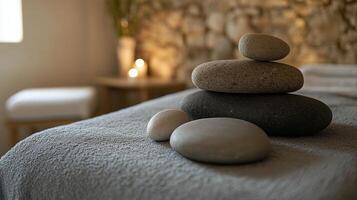 A stack of stones on a bed photo