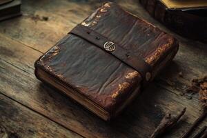 An old brown leather book with a clasp rests horizontally photo