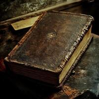 A very old ornate book resting on another aged book photo