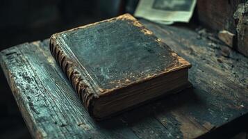 An old leather bound book sits upon weathered wooden surface photo
