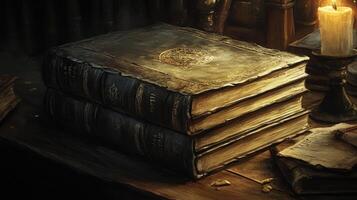 Antique books stacked together next to a lit candle stand photo