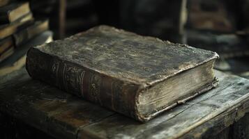 Very old and worn book sits on a wooden table photo