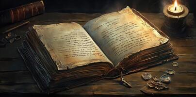 Open antique book rests on a wooden table beside a candle photo