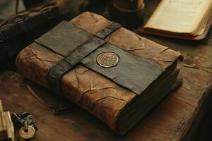 Old leather bound book with a dark strap and seal photo