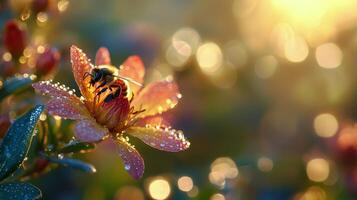 A bee is sitting on a flower with dew drops photo