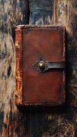 Old brown leather journal resting on a rustic wooden surface photo
