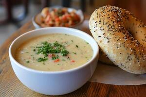 Bagel soup with bagel photo