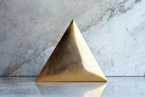 A gold triangle shaped object sitting on a marble surface photo