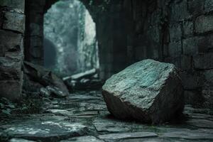 A large rock rests in a stone passageway entrance photo