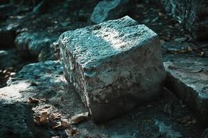 Large cut stone sits amidst rocks in a shaded area photo