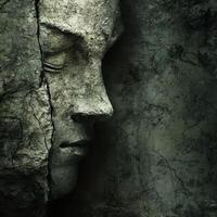 Stone face merges with fractured rock texture somber expression photo