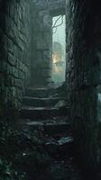 Stone steps lead to a foggy opening in the wall photo