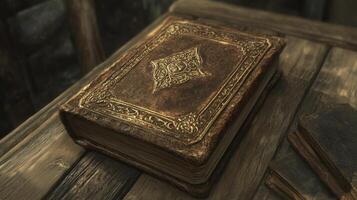 Ornate ancient book sits atop a wooden surface photo