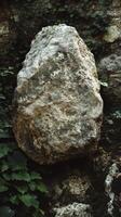 A large textured boulder rests against a mossy stone wall photo