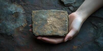 Hand delicately holds a rectangular rock against a rocky backdrop photo
