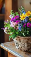 A basket of flowers on a table photo