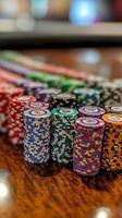 Poker chips on a table with a blurry background photo