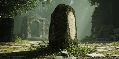 Ancient stone monolith stands amidst misty ruins and foliage photo