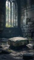 Interior of a stone room featuring a gothic window photo