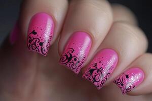 Pink nail polish with black and white designs photo