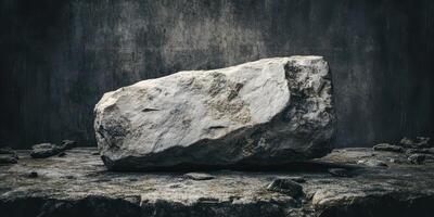 Large rock sits on a stone platform against a dark background photo