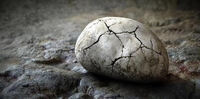 A cracked and weathered stone rests on a rough surface photo
