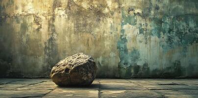 A large rock rests against a distressed weathered wall photo