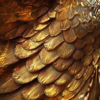 Metallic gold feathers arranged overlapping create textured background aesthetic photo