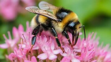 A bee on a pink flower with green leaves photo